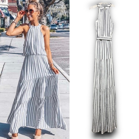 NWT L’AGENCE Striped Sleeveless Halter Neck Tie Waist Tiered Skirt Maxi Dress XS - Picture 2 of 5